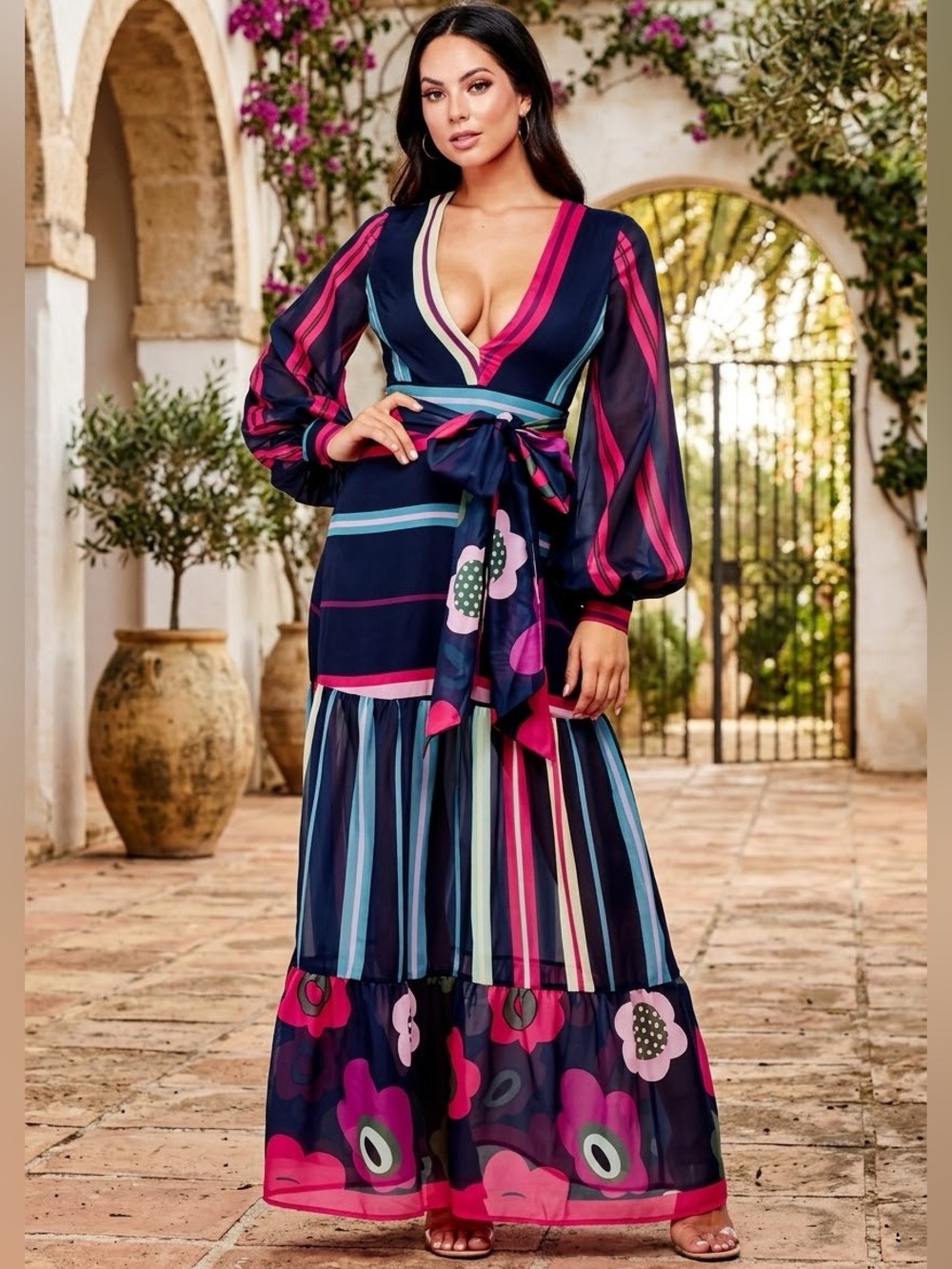 L'ATISTE Navy Multicolor Striped & Floral Wrap Maxi Dress